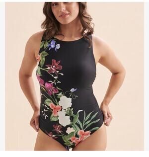 Jantzen Layla Cross Back High-Neck One-Piece black floral sz 6